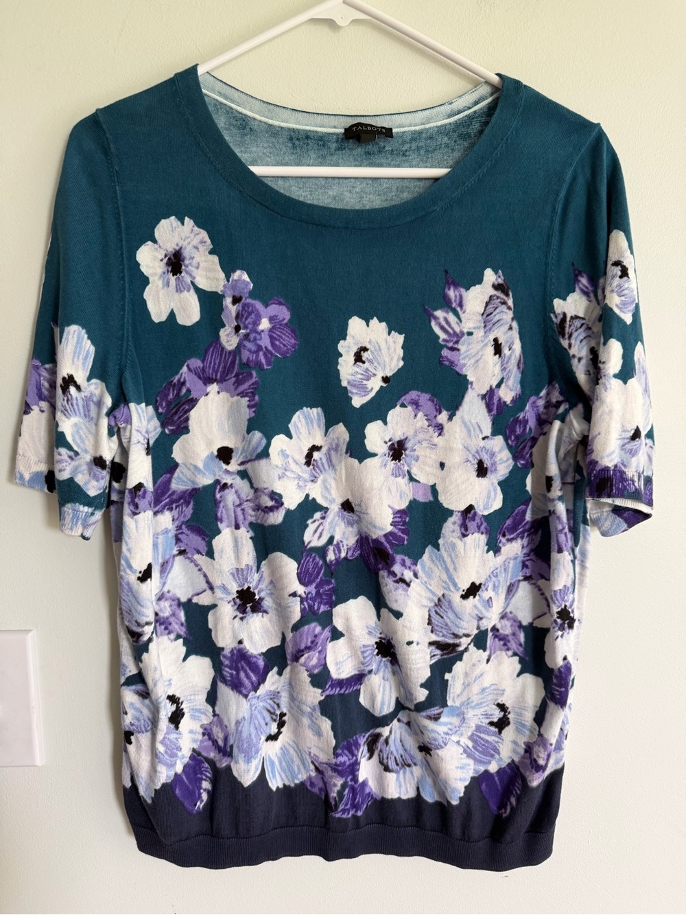 Talbots Teal Floral Short Sleeve Knit Top with Purple and White Blooms